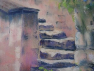 Le Vieil Escalier de l'Abbaye, pastel sec de Muguett, artiste-peintre de Seine-et-Marne, 77