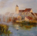 Lever de Brume sur Cerny, huile sur toile de Muguett atiste-peintre de Seine-et-Marne,77