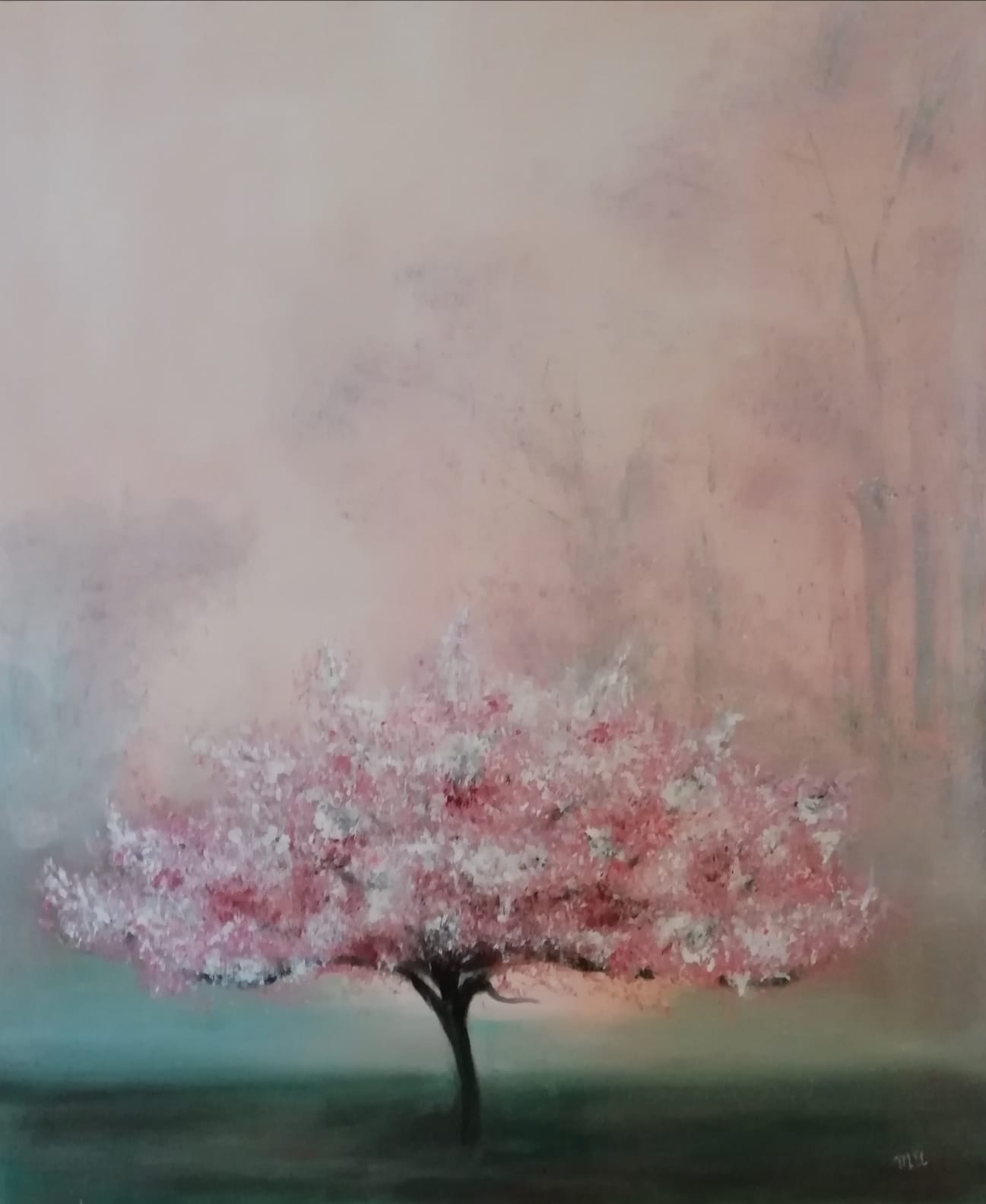 Cerisier du Japon, huile sur toile de Muguett, artiste-peintre de Seine-et-Marne, 77