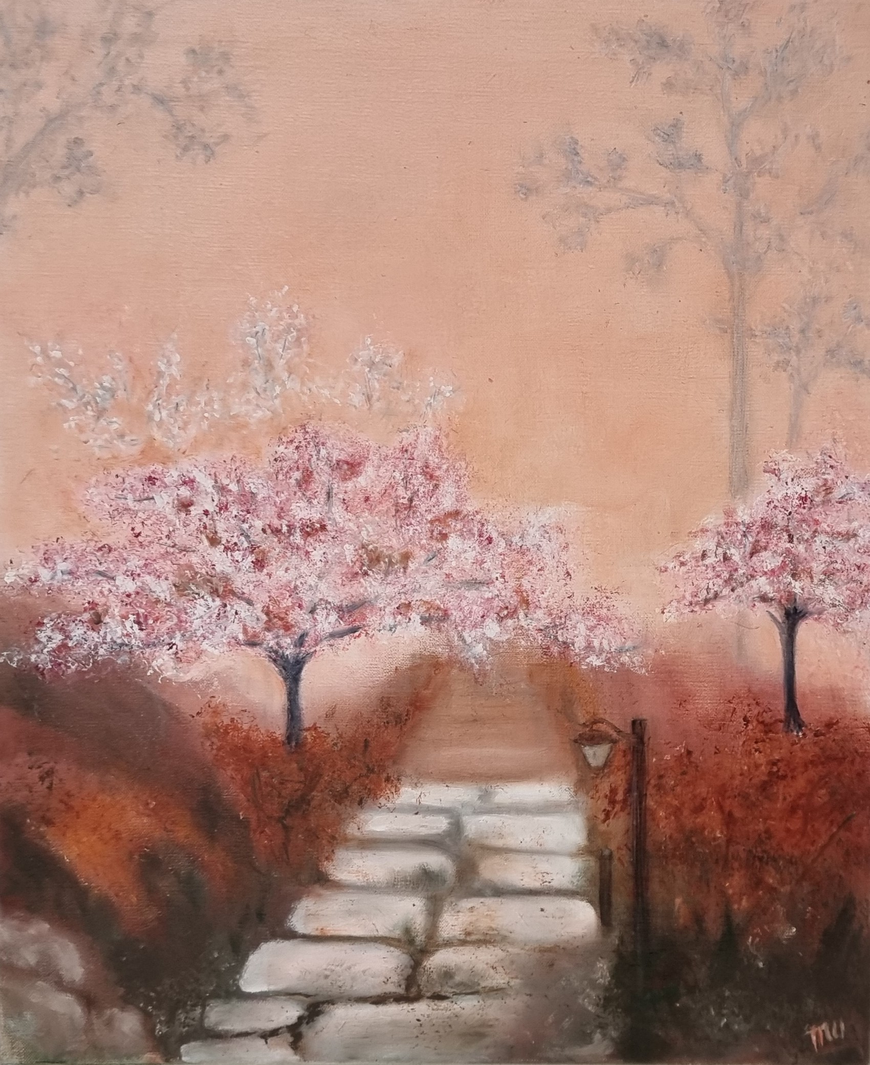 Le Chemin des Cerisiers, huile sur toile de Muguett, artiste-peintre de Seine-et-Marne, 77